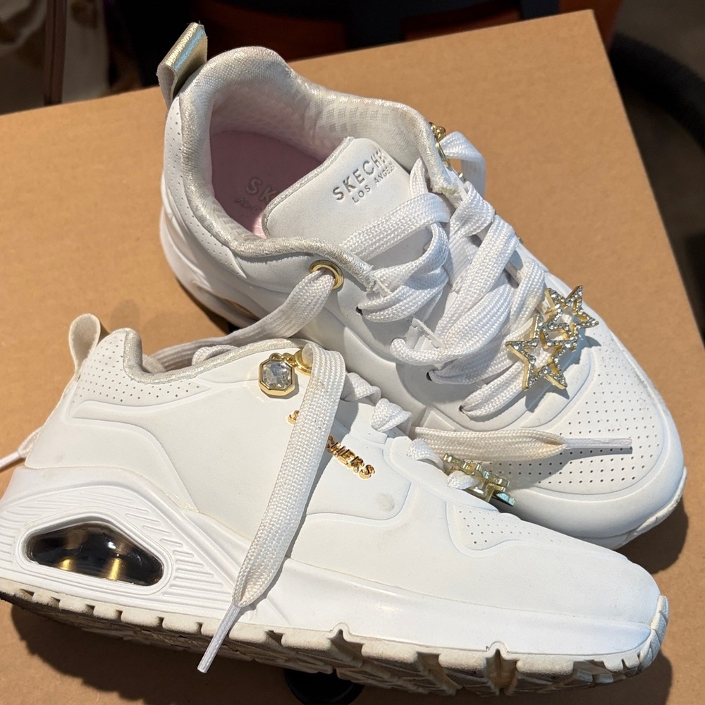 Skechers Women's White Sneakers with Gold Details